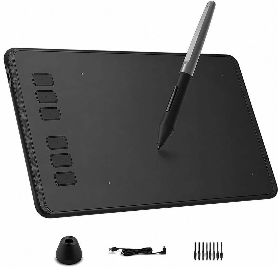  drawing tablet front view with stylus and 6 shortcut keys