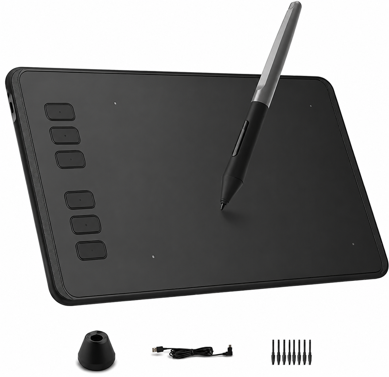  drawing tablet front view with stylus and 6 shortcut keys