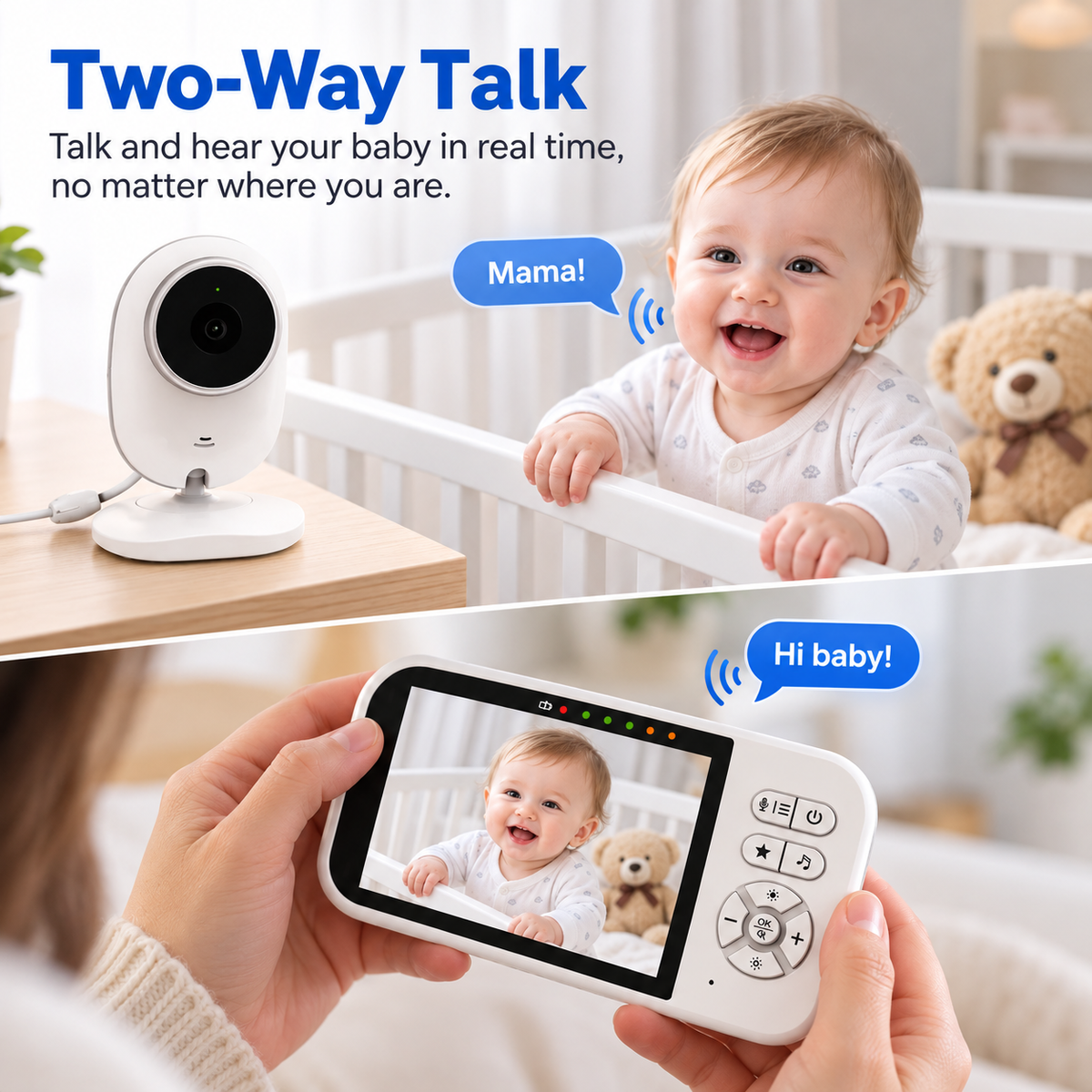 Compact baby monitoring camera positioned on its white stand
