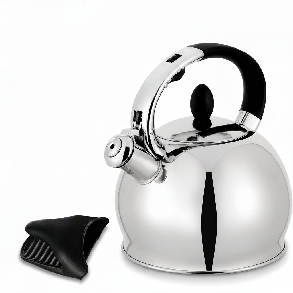 Silver tea kettle with included silicone pinch mitt