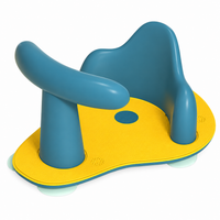 Teal-blue baby bath seat with yellow textured base, curved front support bar and suction cups on a white background.