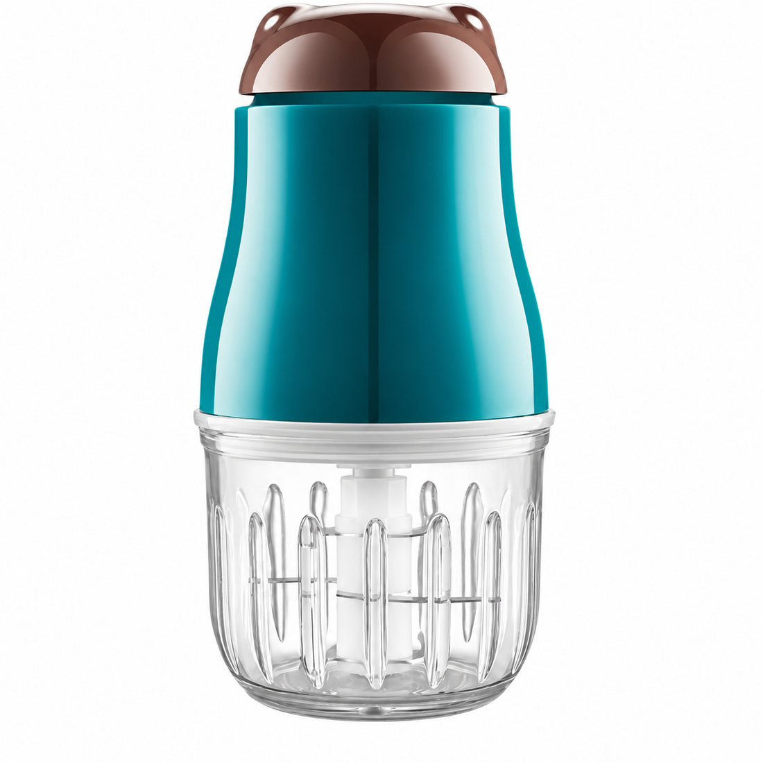 Teal baby food maker with transparent processing bowl for homemade infant meals