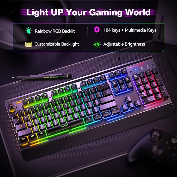 TECKNET RGB gaming keyboard angled view with colorful lighting