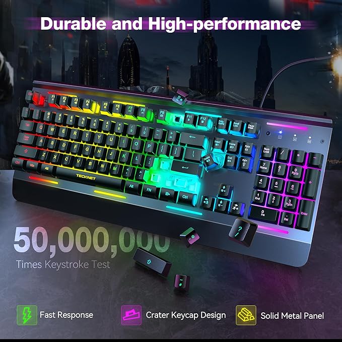 TECKNET keyboard with 15 zone RGB lighting close up