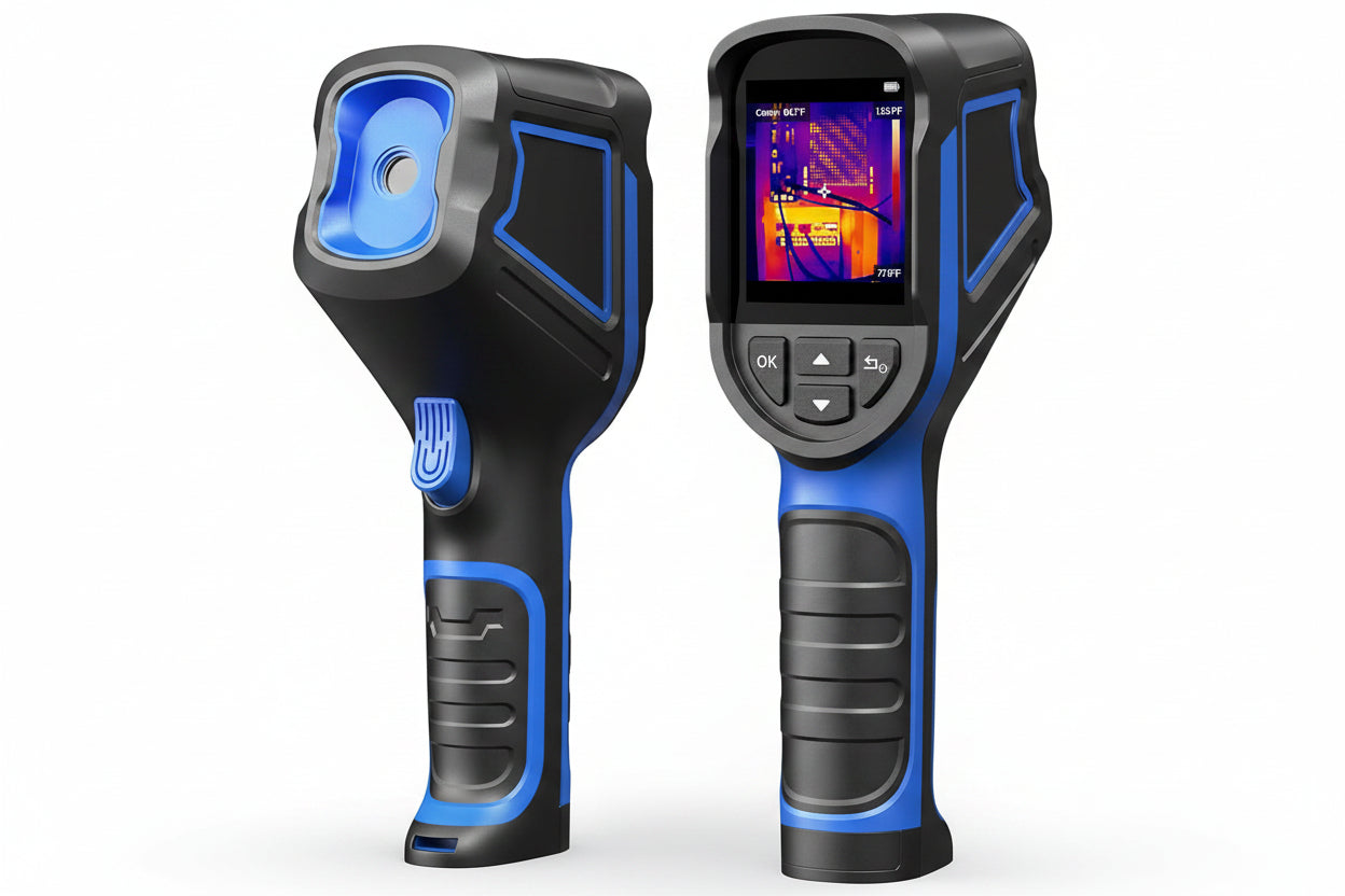 Front view of handheld thermal monitoring device, blue color