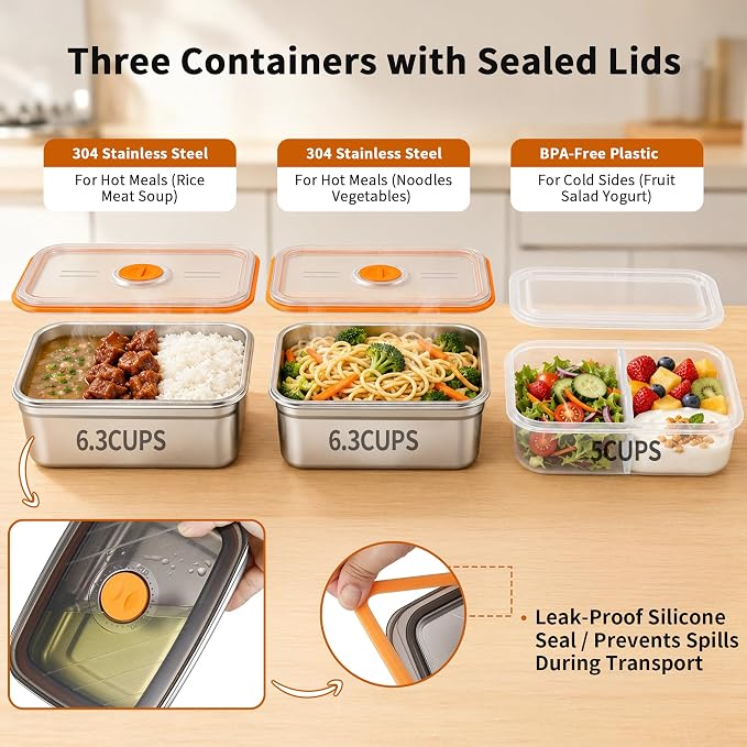Lunch box with three separate food containerS