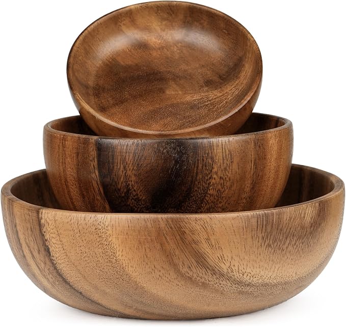 Three piece acacia wood serving bowl set in multiple sizes