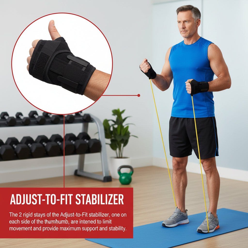 Side view of thumb stabilizer supporting hand during daily activities
