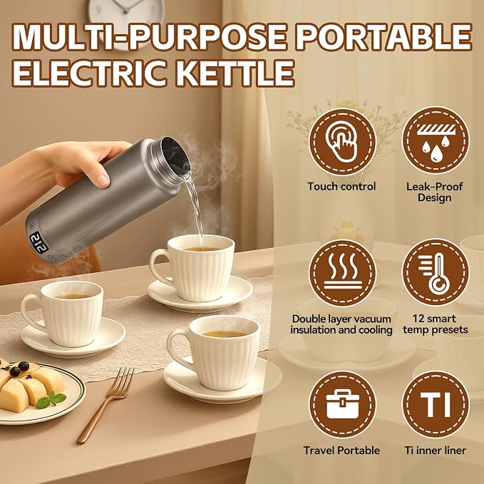 Compact electric water kettle with titanium interior