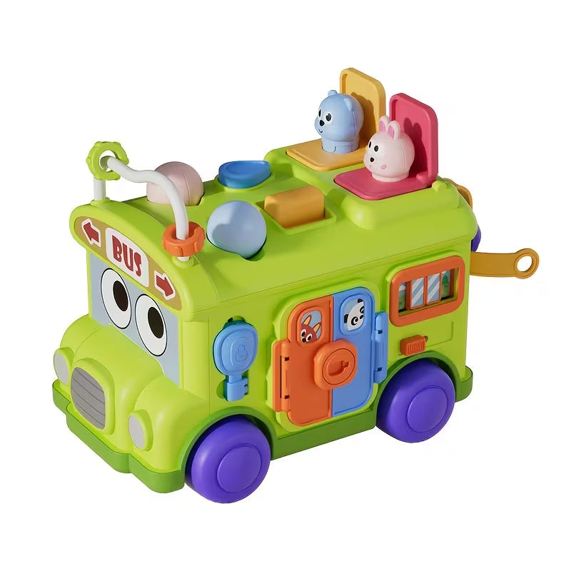 Toddler activity bus toy with shape matching and animal pop-up play