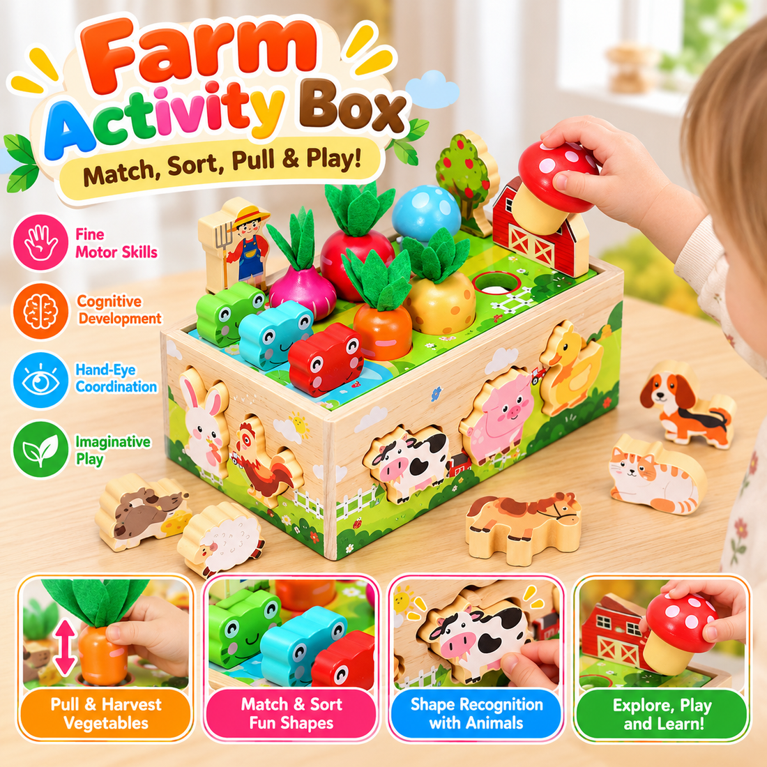 Toddler carrot pulling farm play set showing removable vegetable-shaped pieces.