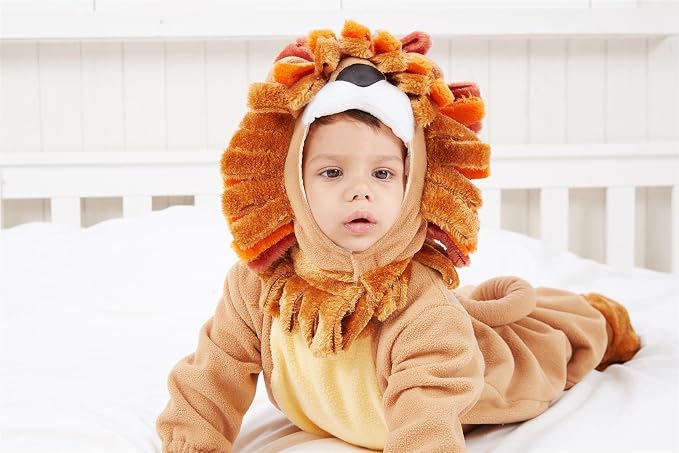 Side view of a plush animal jumpsuit showing its curved decorative tail.