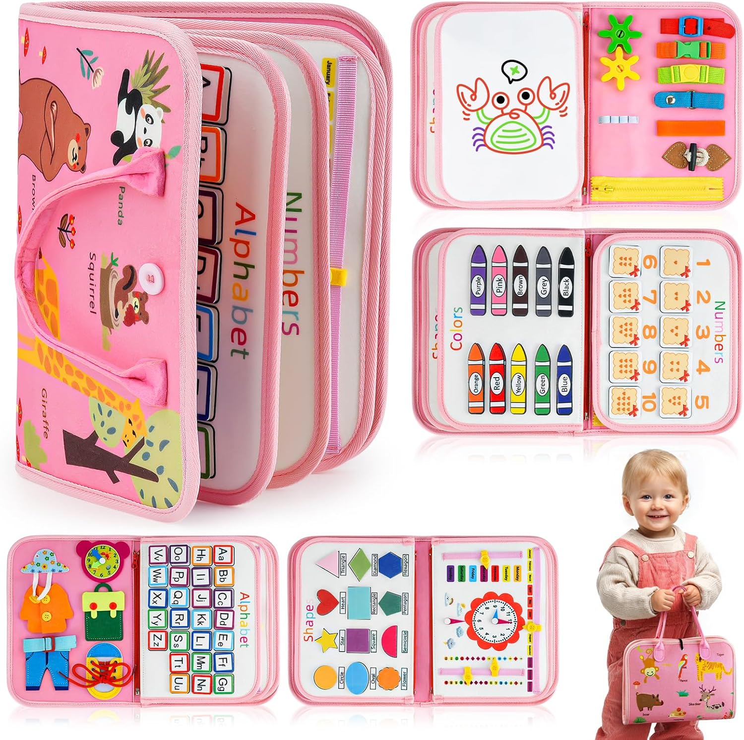 Montessori busy book for toddlers with sensory learning activities