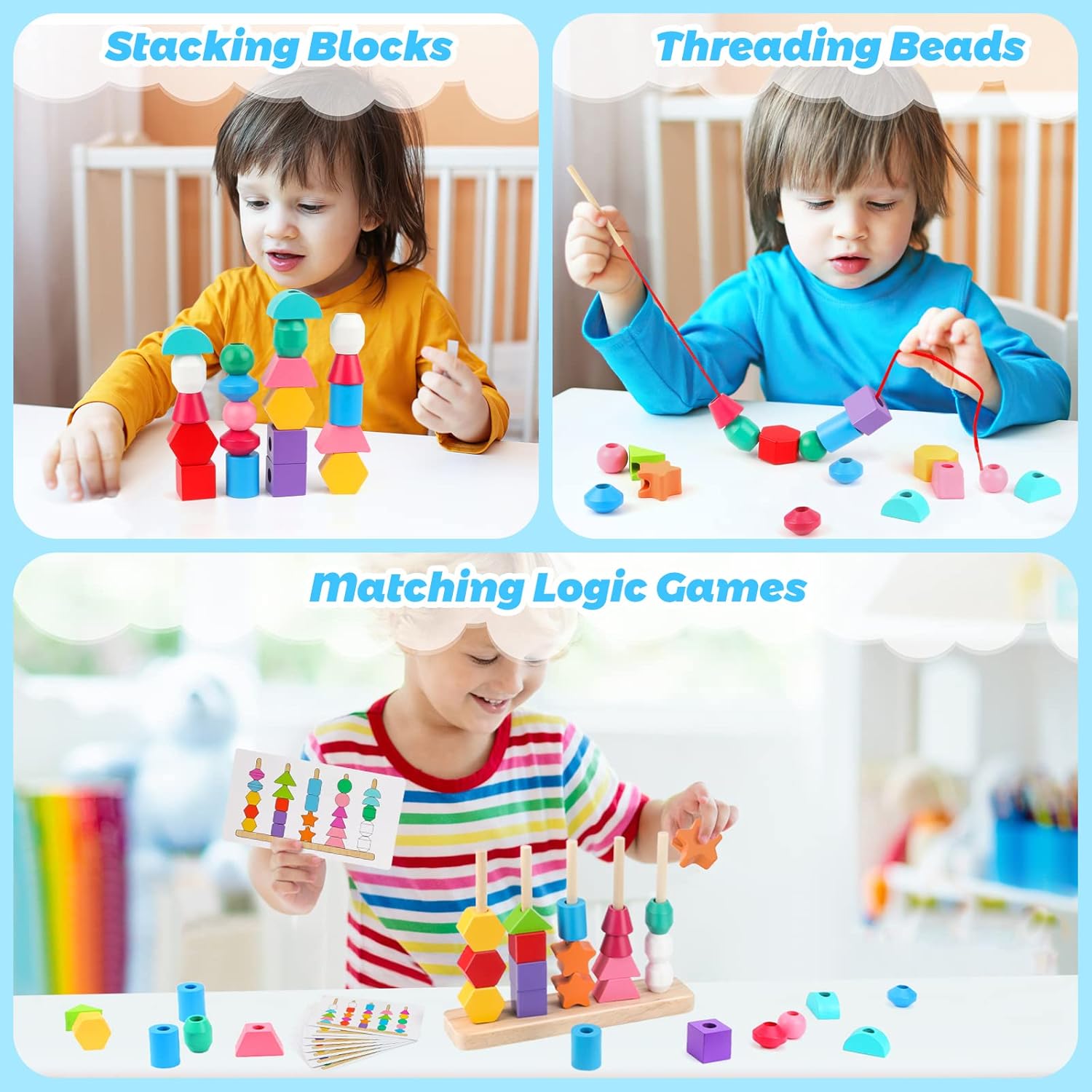 toddler montessori learning toy set with beads stacking and shape sorting activities