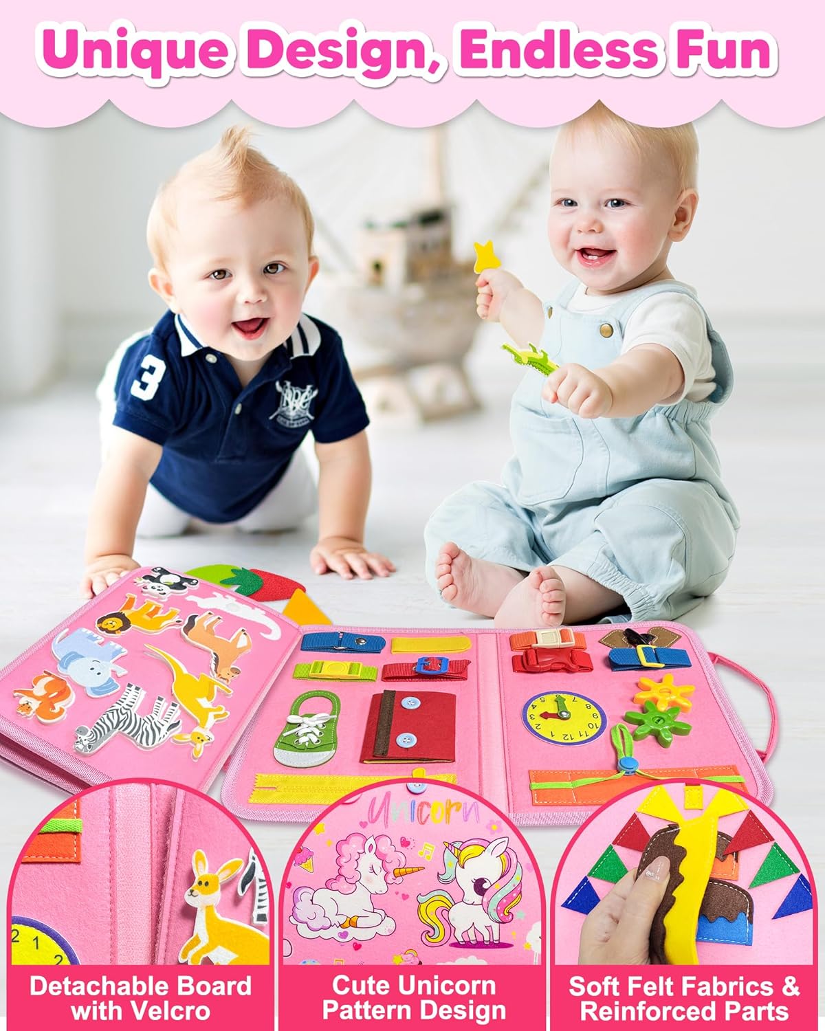 Toddler playing busy board learning toy sensory activity toy for kids