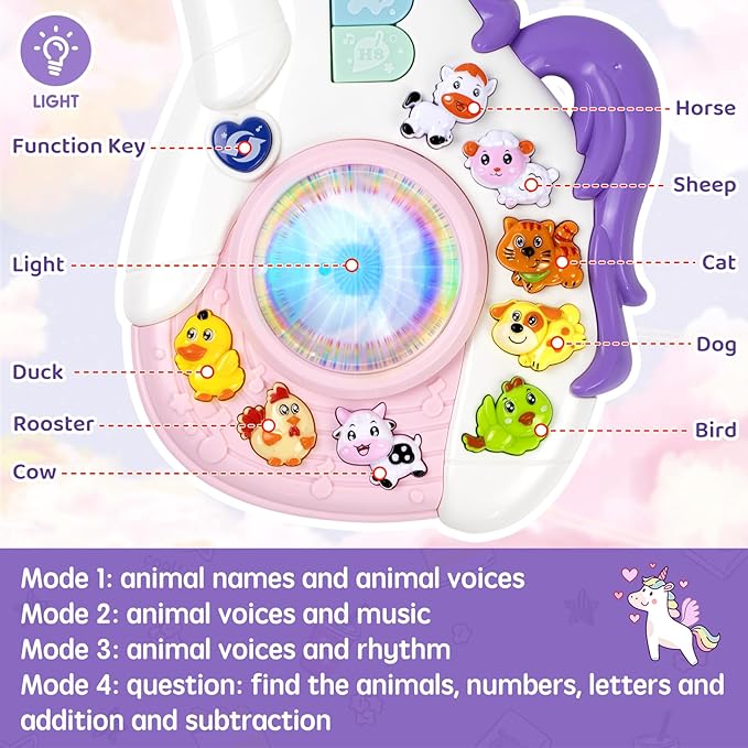 Toddler playing unicorn guitar toy musical learning toy for 1-3 year old kids