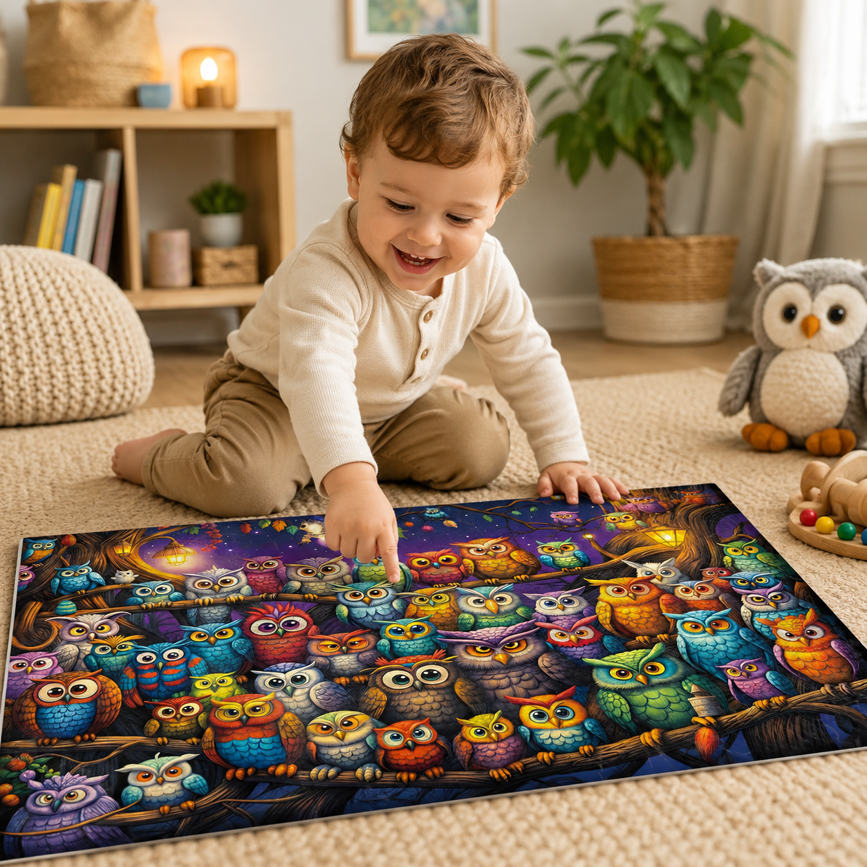Toddler playing with colorful owl puzzle on a soft playroom floor
