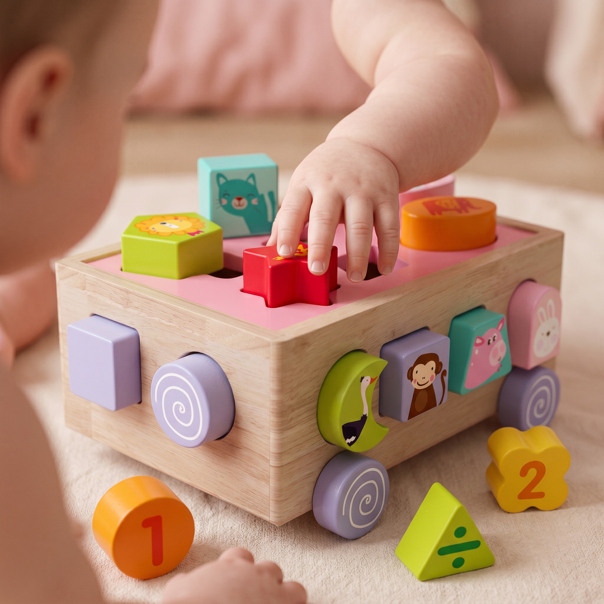 Toddler shape sorter learning car with 18 holes and removable animal puzzle blocks