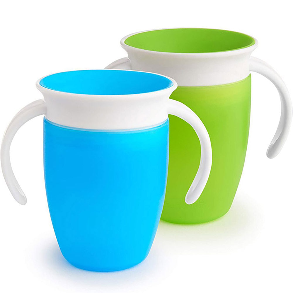 360 spill proof toddler sippy cups with handles blue and green 2 pack