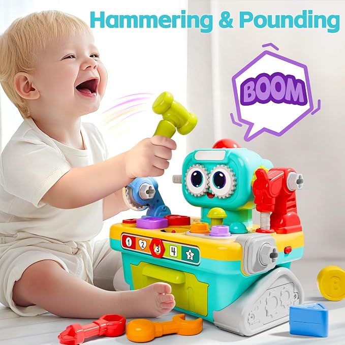 Toddler tool bench educational toy with construction-themed activities.