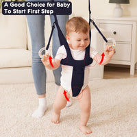 Toddler using a handheld walking harness with adult guidance