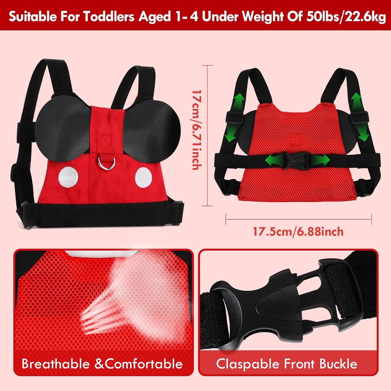 Front view of toddler walking support harness with padded body section