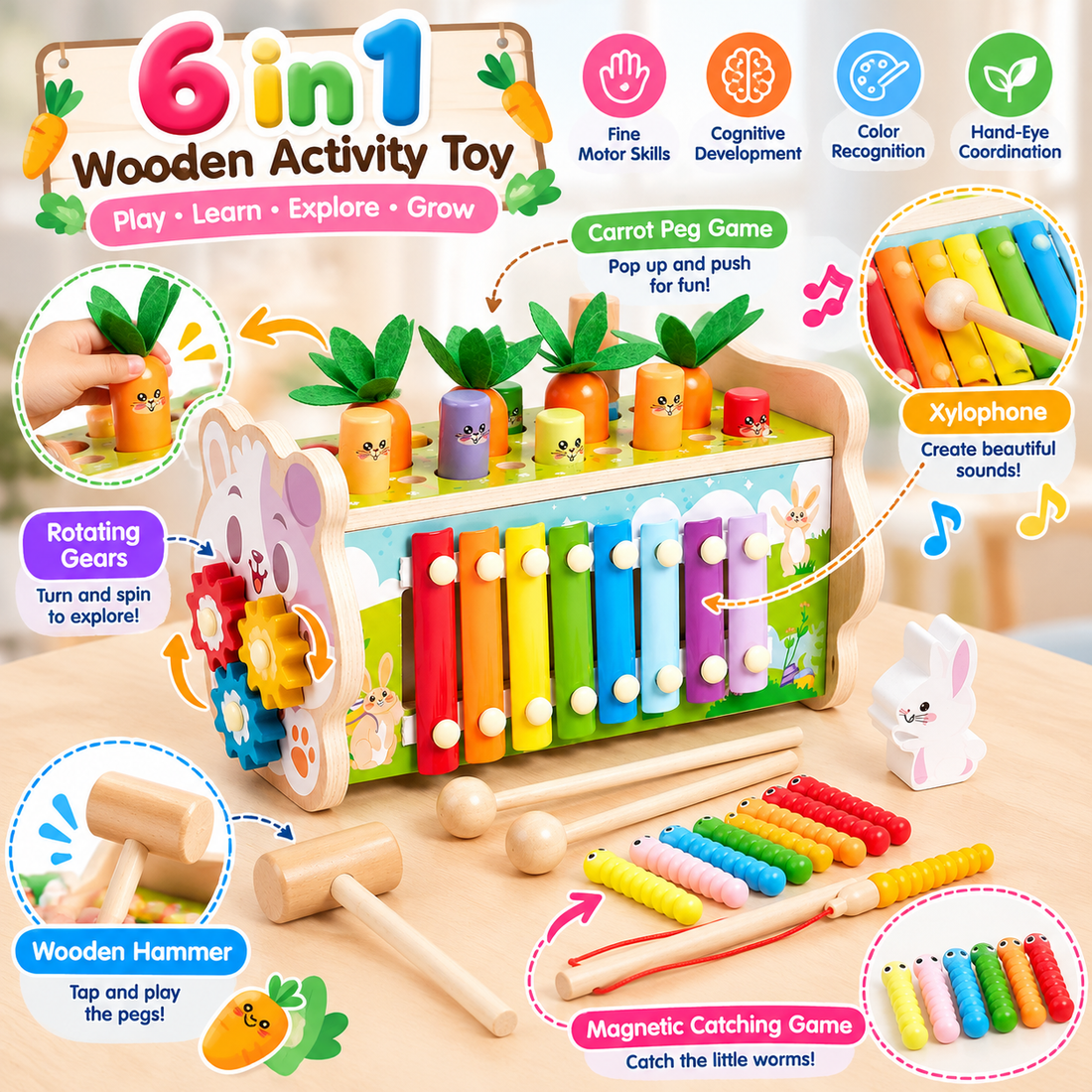 Toddler whack a mole and carrot pulling activities displayed on a wooden toy set.