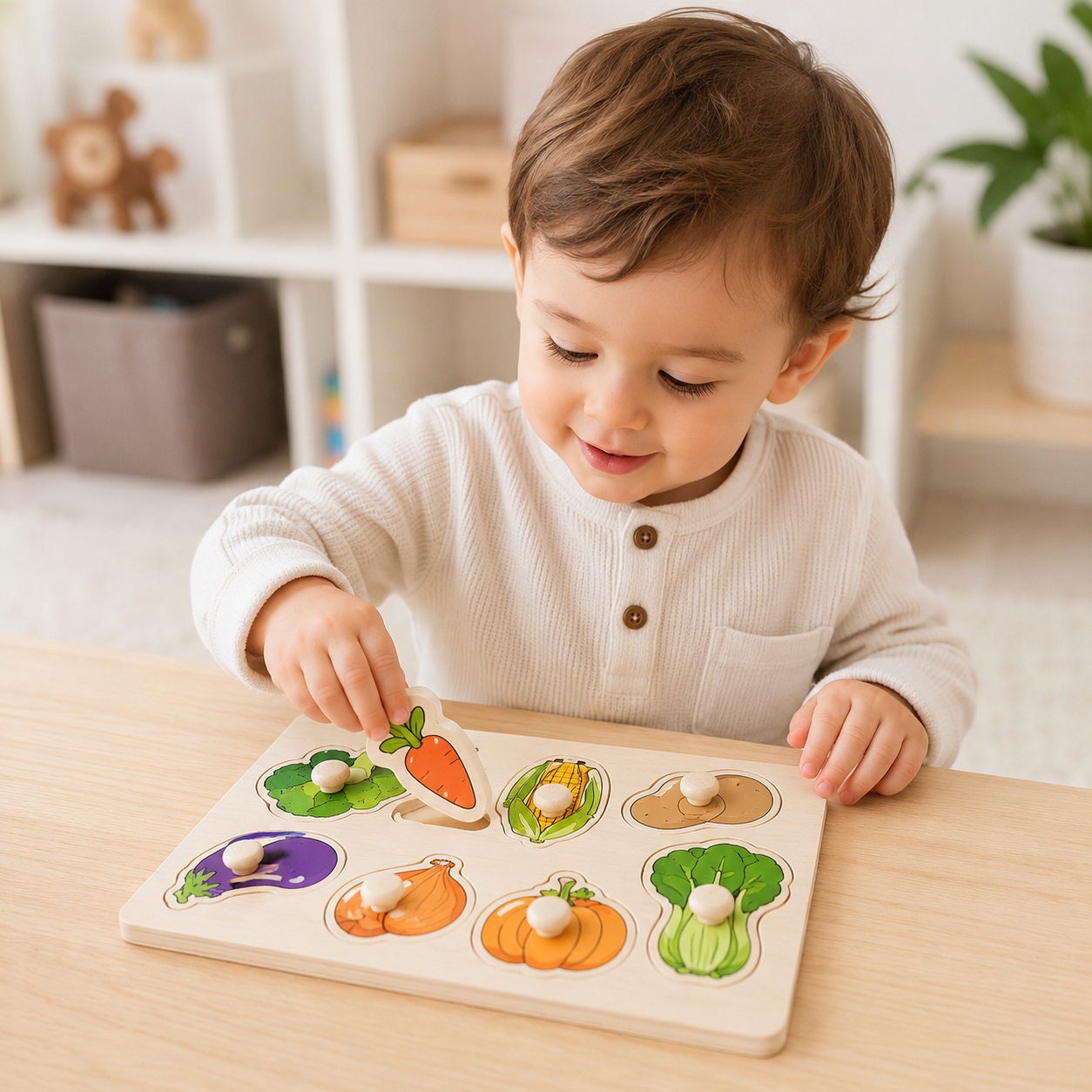 Toddler wooden learning puzzle set with colorful knob pieces for hands-on activity play