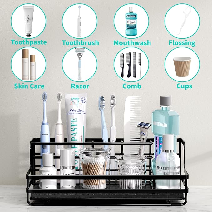 Toothbrush holder with quick-dry stone tray and divided storage