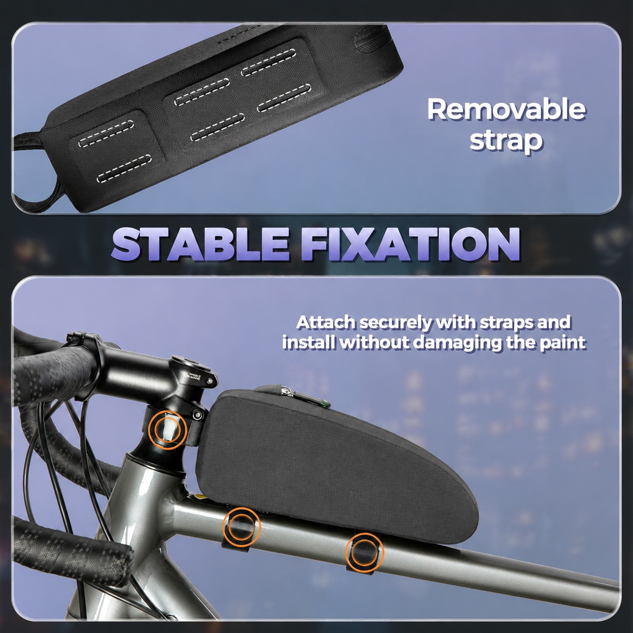 Top tube bike bag attached securely to bicycle frame