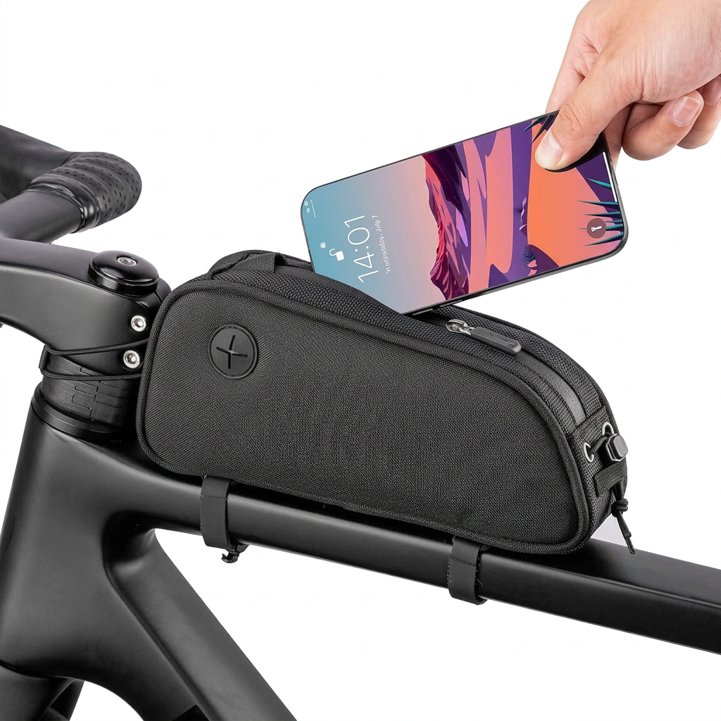 Top tube bike bag for storing phone and cycling essentials