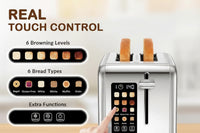 Touchscreen toaster with digital timer display and browning controls