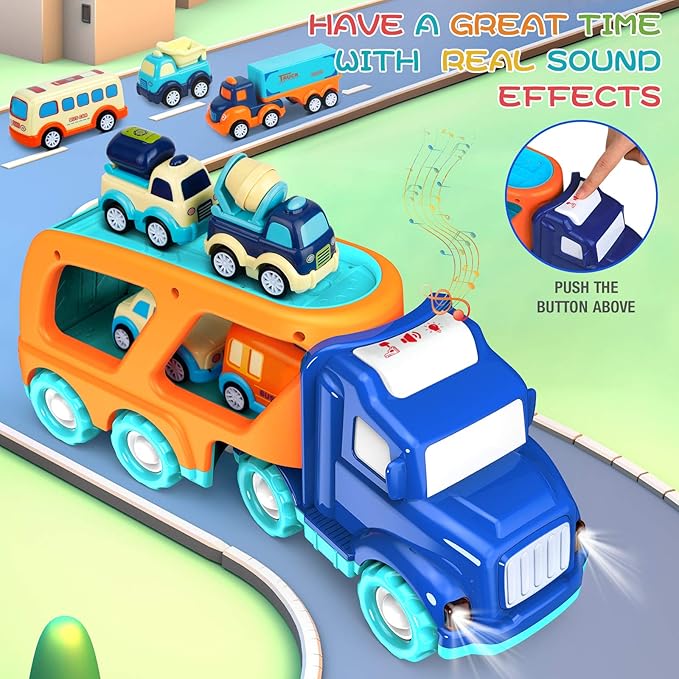 Transport truck toy with pull back cars for toddlers