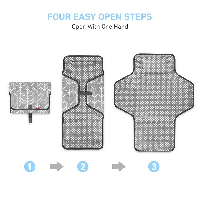 Portable changing pad clipped to the handlebar of a modern baby stroller