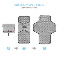 Portable changing pad clipped to the handlebar of a modern baby stroller