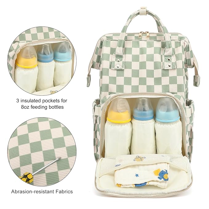 Side profile of the corduroy diaper bag showing the deep side bottle pocket