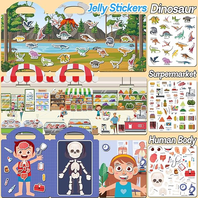 Toddler travel toys, reusable jelly sticker books for 2-4 year olds