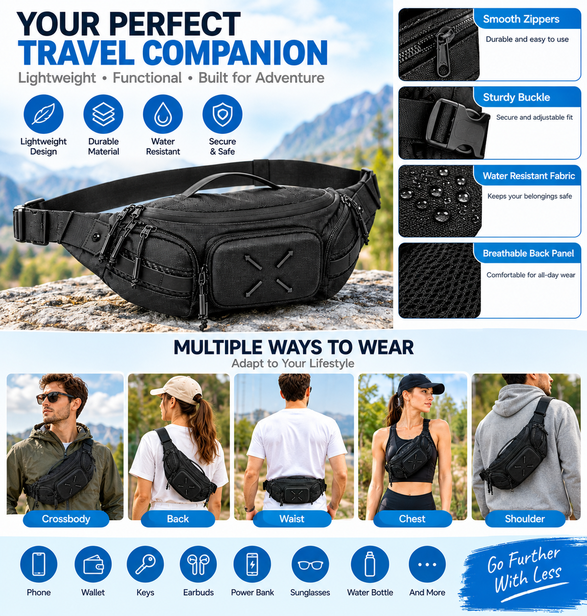 Travel waist pack for phone wallet and small accessories