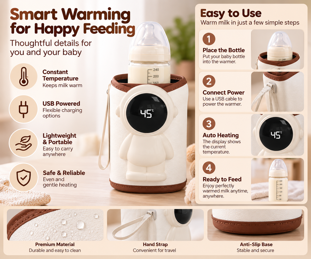 Travel baby milk warmer with compact insulated bottle pouch and carrying strap