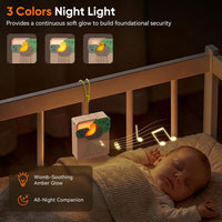 Nature-inspired baby noise machine featuring soft beige housing and colourful decorative accents