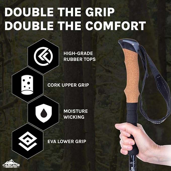 Trekking poles with carbide, rubber, and snow tips for versatile terrain use