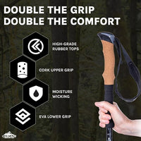Trekking poles with carbide, rubber, and snow tips for versatile terrain use