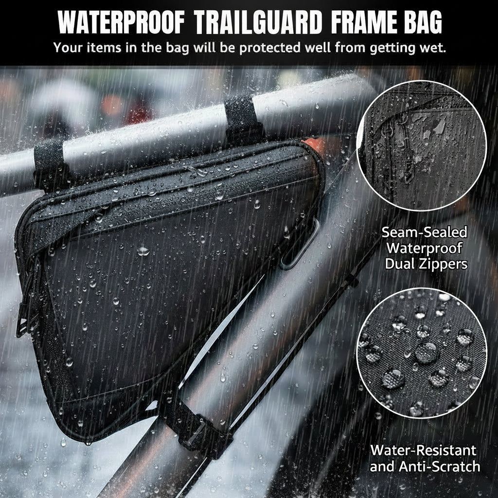 Triangle bicycle frame bag attached to mountain bike