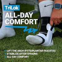 TriLok ankle brace worn during sports like basketball, running, or tennis providing joint stabilization and plantar fasciitis relief