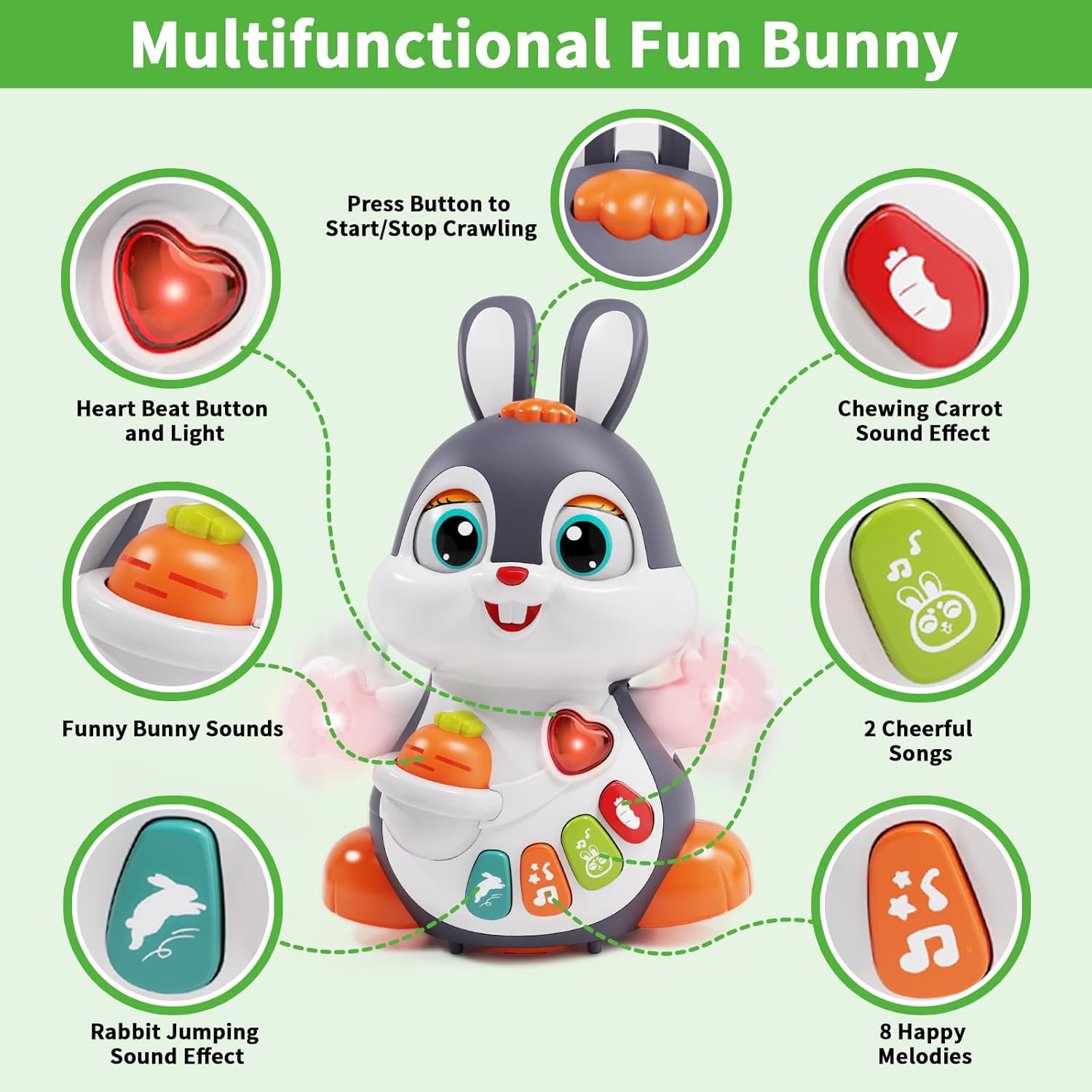 Tummy time baby musical bunny toy light up crawling toy for infants sensory development