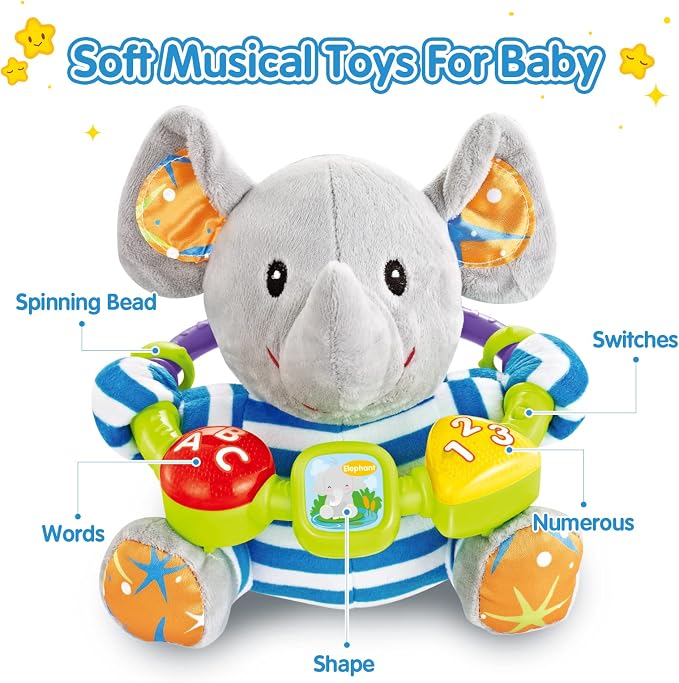 Soft elephant toy for supervised tummy-time activities