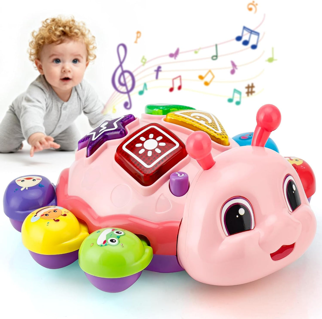 Tummy time toy for babies featuring interactive crawling movement, music and colorful lights.
