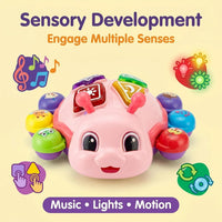 Baby tummy time activity toy featuring colorful light effects and interactive movement.