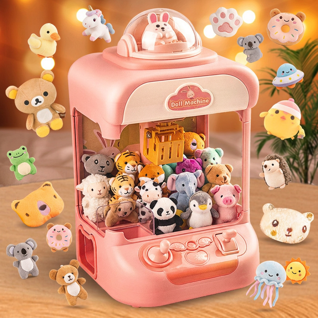 Unicorn-themed mini claw machine toy with sound effects and plush toys for kids