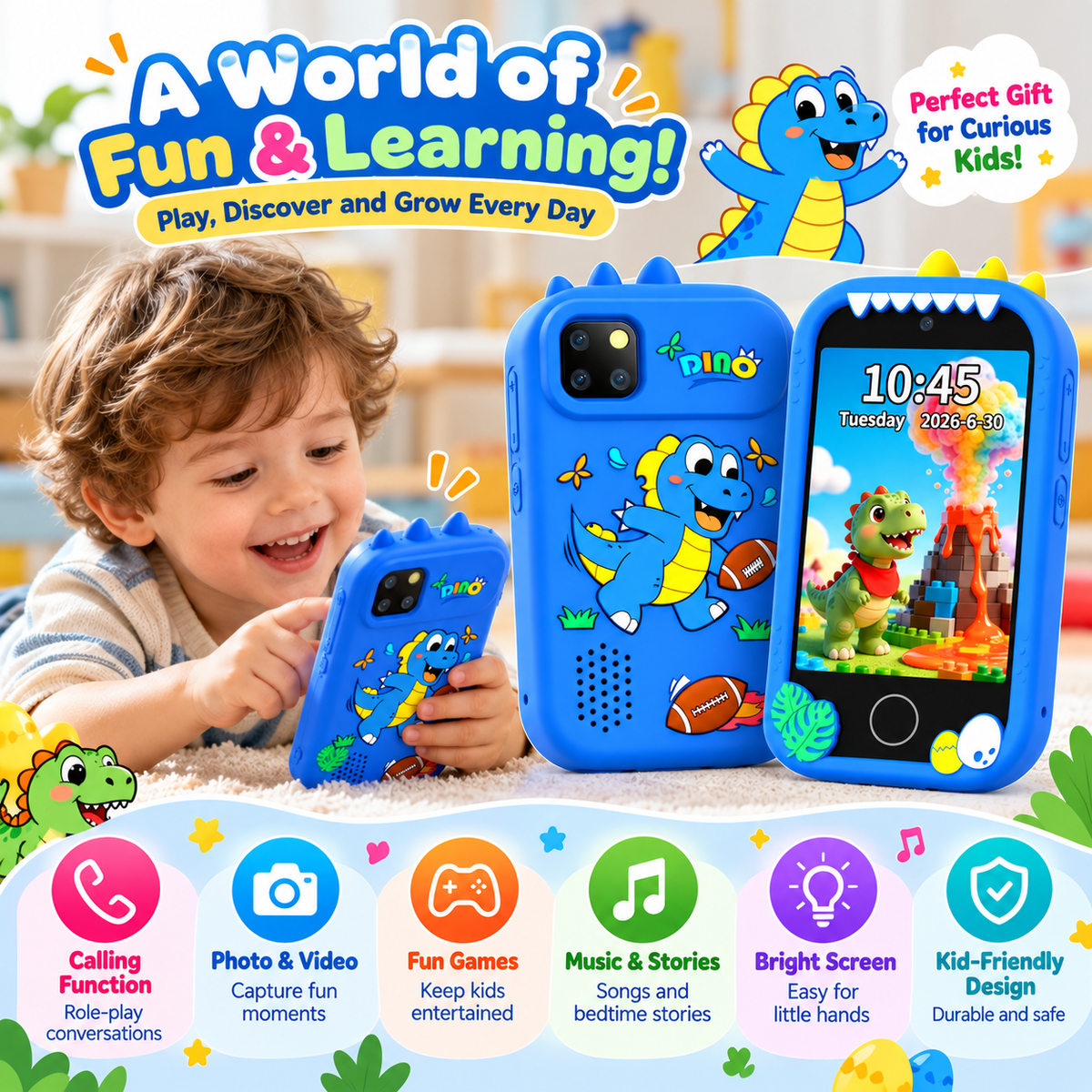 Unicorn toy phone featuring an MP3 music player for listening to compatible audio files.